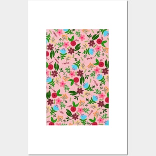 Red, pink, blue and maroon flower pattern with peach color background Posters and Art